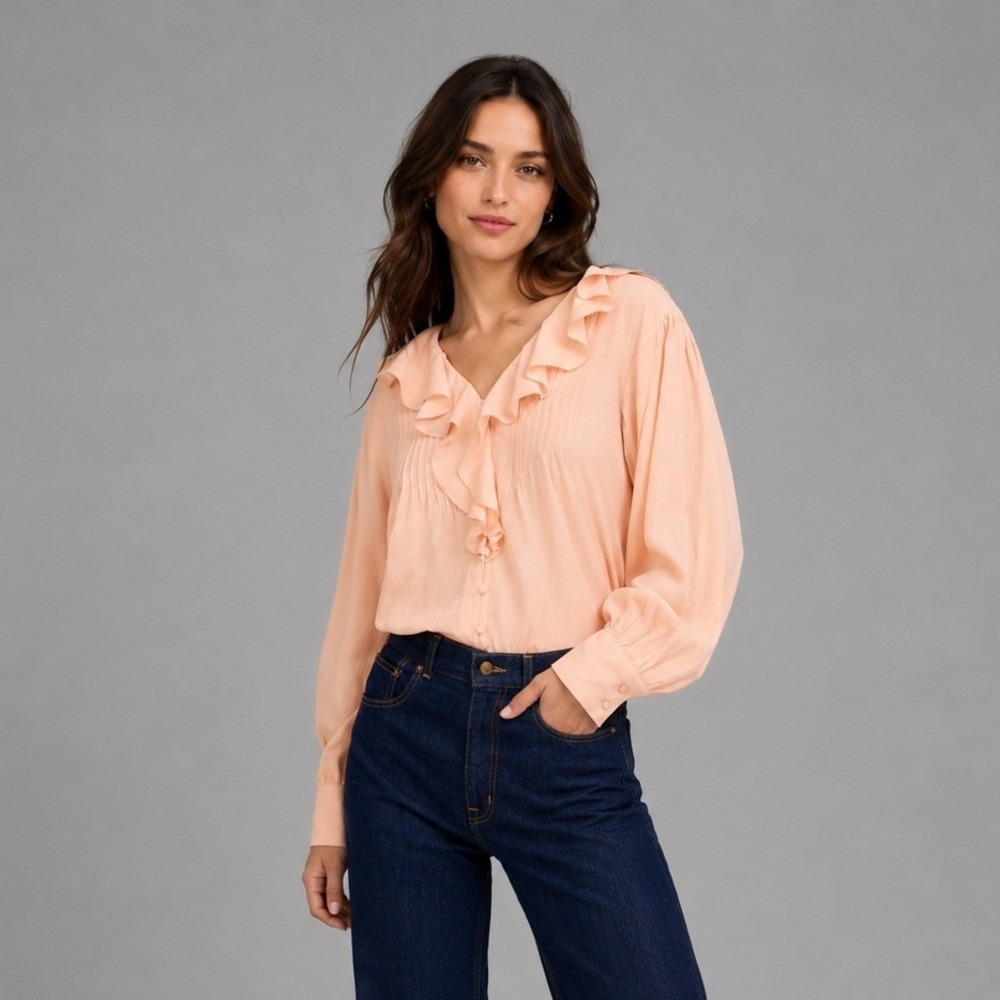 Madewell Top Womens Size XS Poet Ruffle Pintucked Pale Blush Pink Shirred NWT